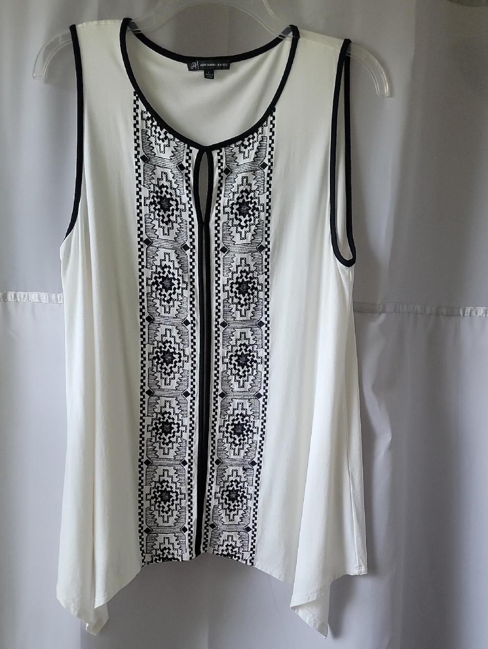 Adrianna Papell White Sleeveless Camisole with Black Embroidered Front, Size L